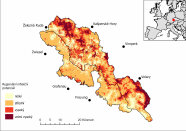 Obrázek 2: Oblasti se zvýšeným rizikem infekce (světle žlutě) pro jelena evropského. Mapa vznikla průnikem modelů pravděpodobností výskytu mezihostitelů a jelenů evropských .