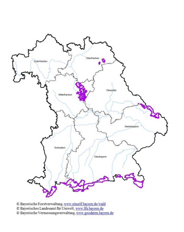 Übersichtskarte der bayerischen Vogelschutzgebiete, in denen das Auerhuhn als Schutzgut gemeldet ist. 